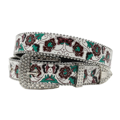 Rhinestone belt blue totem print New Women's Fashion Rhinestone Versatile Fashion PU Leather Belt Jeans Punk Rock Y2K Belt
