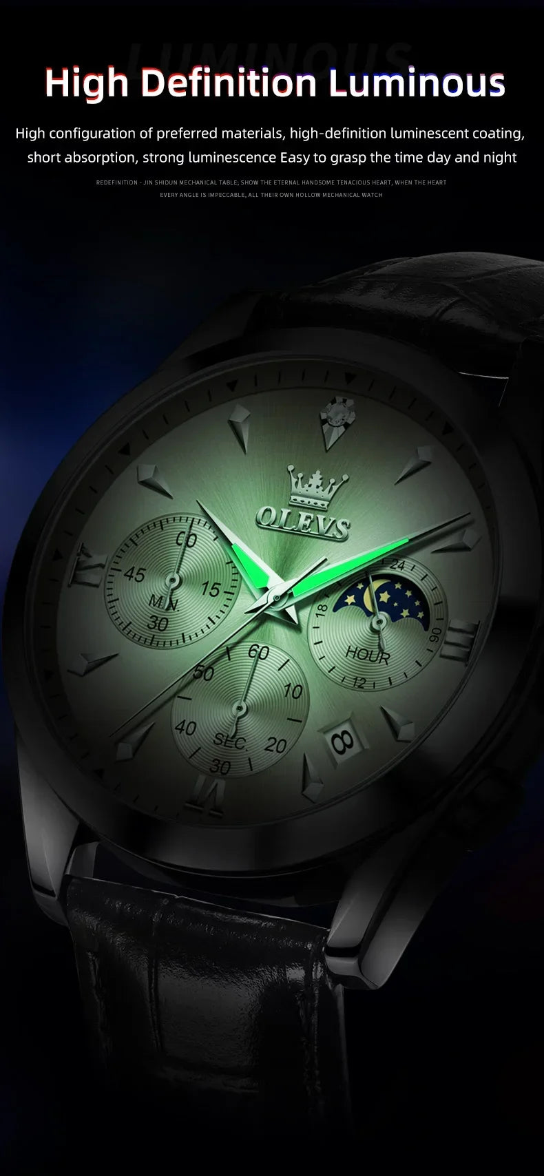 OLEVS 3609 Original Moon Phase Chronograph Watch for Men Leather Waterproof Luminous Luxury Quartz Mens Wristwatches Reloj Mujer