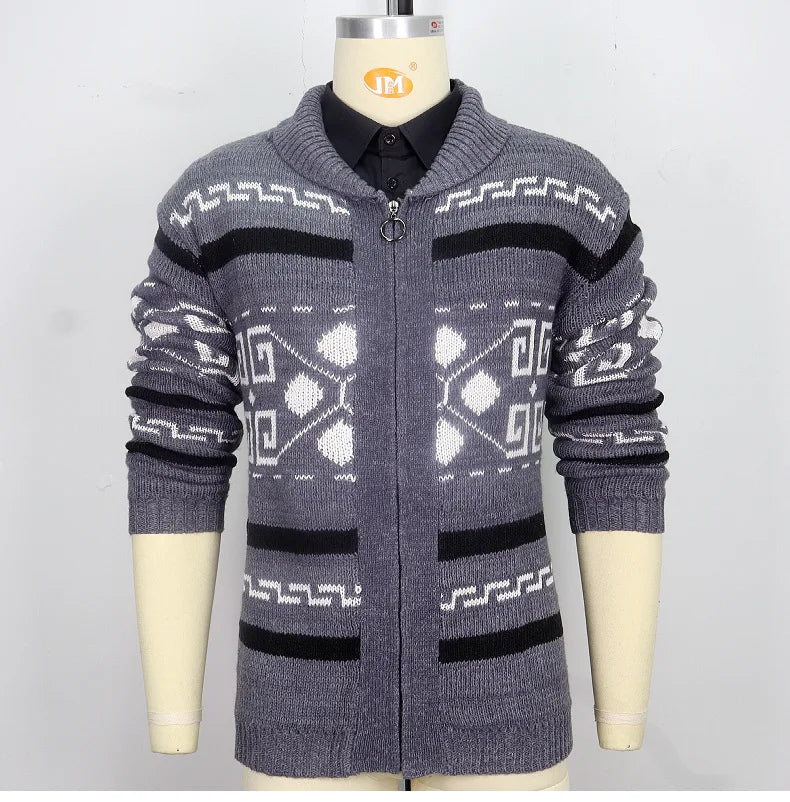 Men's Geometric Knit Cardigan Shawl Collar Full Zip-Up Tribal Print Sweater Chunky Ribbed Knit Vintage Navajo-Inspired Jacket