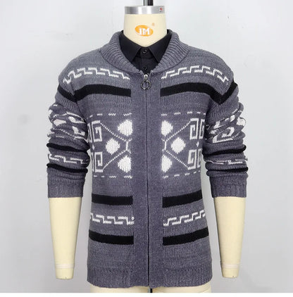Men's Geometric Knit Cardigan Shawl Collar Full Zip-Up Tribal Print Sweater Chunky Ribbed Knit Vintage Navajo-Inspired Jacket