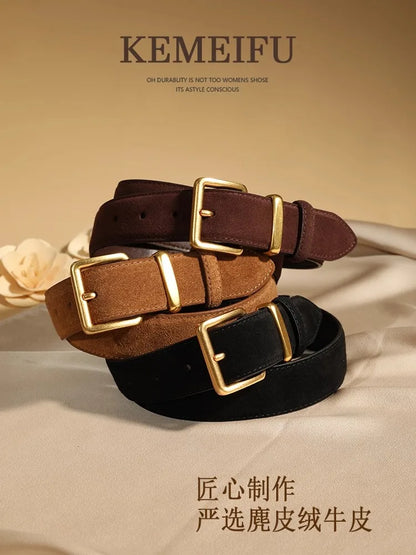 Fashion Suede Cowhide Womens Belts Genuine Leather Luxury Designer Belt Slim Waist Dresses Jeans Girdle