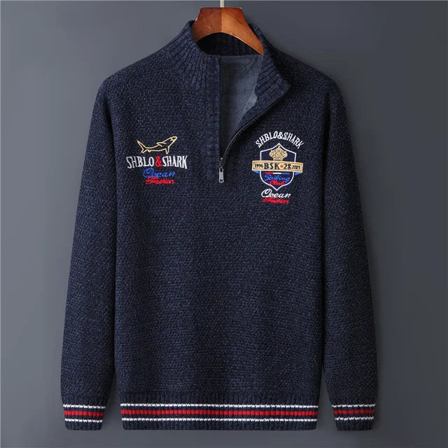 Men's Fleece Warm Half Zip Pullover Knitted Sweater Vintage Letter Print Cotton Coat Red/Black Winter Fashion