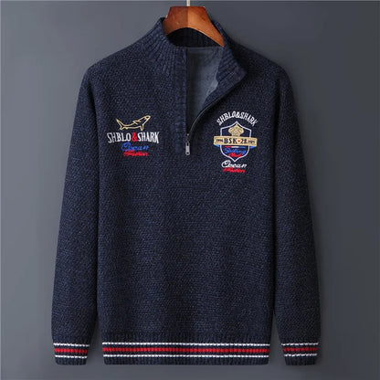 Men's Fleece Warm Half Zip Pullover Knitted Sweater Vintage Letter Print Cotton Coat Red/Black Winter Fashion