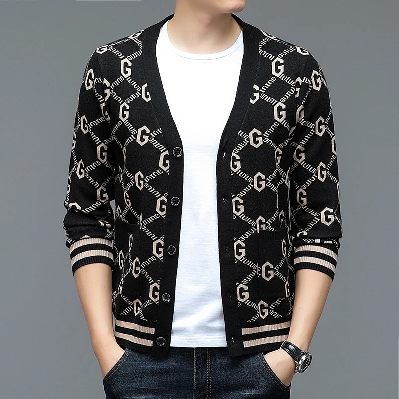 Autumn and Winter New Men's Trendy Brand Fashion Printed Top Long Sleeve Jacket Knitted Sweater for Men