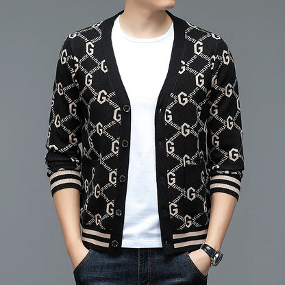 Autumn and Winter New Men's Trendy Brand Fashion Printed Top Long Sleeve Jacket Knitted Sweater for Men