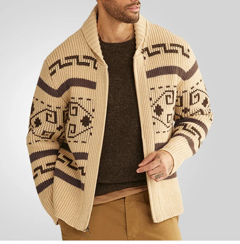 Men's Geometric Knit Cardigan Shawl Collar Full Zip-Up Tribal Print Sweater Chunky Ribbed Knit Vintage Navajo-Inspired Jacket