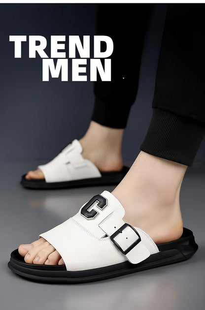 Men Outwear Genuine Leather Slippers for Men Fashion Buckle Designer Summer Flip-flops Male Casual Non-slip Beach Shoes Man