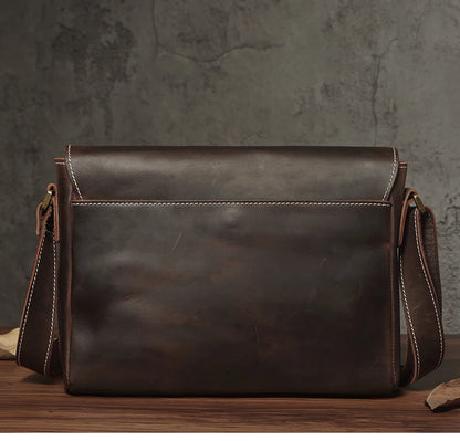 NUKA Men's Genuine Leather Shoulder Bag Retro Original Cowhide Horizontal Crossbody Deluxe Flap Messenger Bags For 11 Inch Ipad