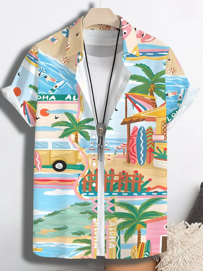 Men's Coconut Tree Graphic Print Short Sleeve Lapel Shirt Tops Men's Casual Button-Down Shirts for Summer Daily Wear Men Clothes