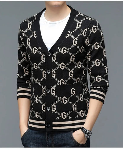 Autumn and Winter New Men's Trendy Brand Fashion Printed Top Long Sleeve Jacket Knitted Sweater for Men