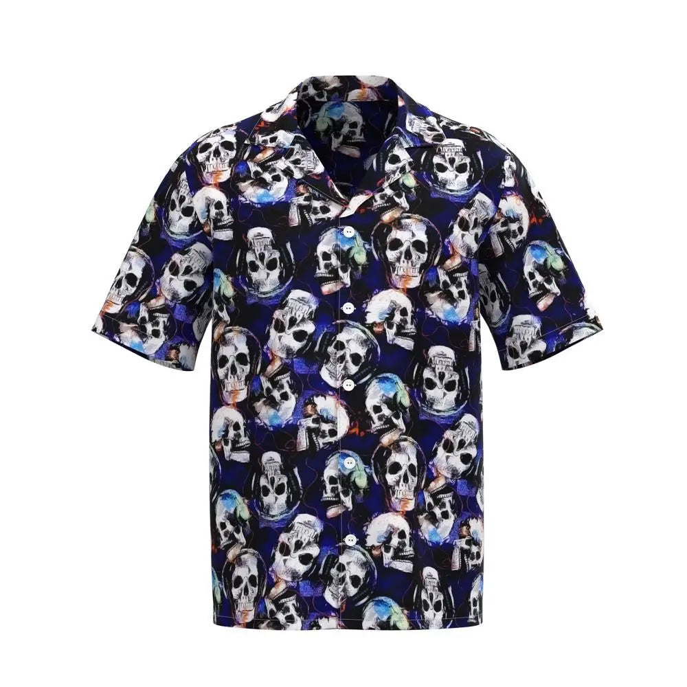Summer New Retro Men's Shirt Devil Horror Skull Short Sleeve Shirt Collar 3D Printing