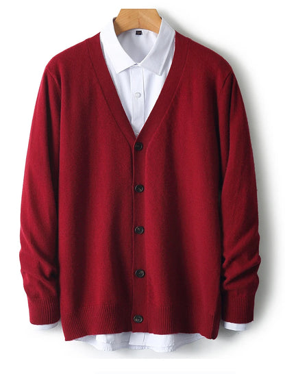 100% Pure Wool Sweater Autumn Winter New Men's Cardigan V-Neck Buckle Jacket Loose Casual Cashmere Knitted Sweater Long Sleeveds