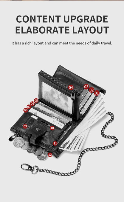 Bullcaptain Genuine Leather Men's Wallet Fashion Quality Travel Purse Rfid Protect Credit Card Holder Wollst for Men with Chain