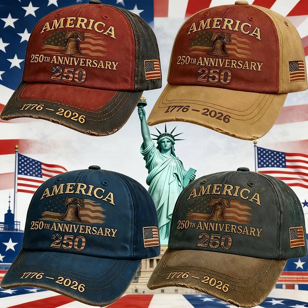 250th Anniversary Patriotic Baseball Caps, Retro Embroidered Adjustable Hats, Independence Day Gifts for History Enthusiasts