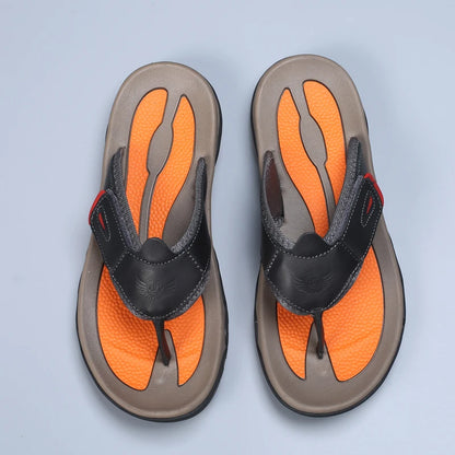 Men Sport Thong Slippers Genuine Leather Upper Adjustable Hook Loop Shock Absorb Anti Slip MD Sole Daily Beach Casual Flip Flops