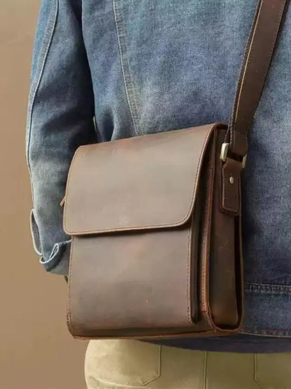 NASVA Men's Genuine Leather Shoulder Bag Vintage Small Crossbody Bag Casual Messenger Bag Outdoor Sports Sling Bag
