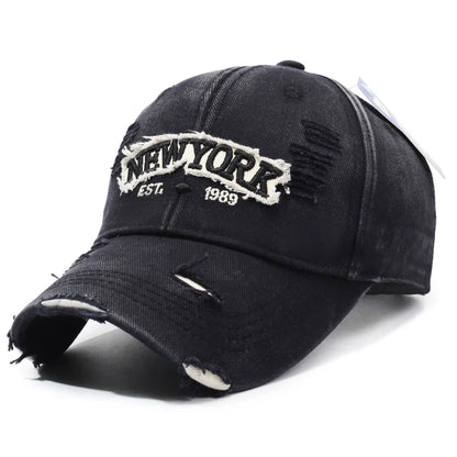 Letter New York Broken Hole Baseball Cap Washed Cotton Adjustable Embroidery Baseball Cap Sunscreen Hats For Man Women Fashion