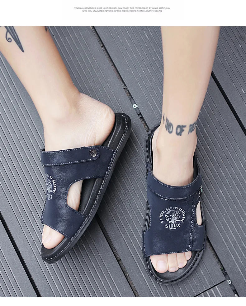 Men's Summer Genuine Leather Sandals Classic Roman Men Shoes Slippers Soft Comfortable Men Non-slip Walking Footwea Plus Size 47