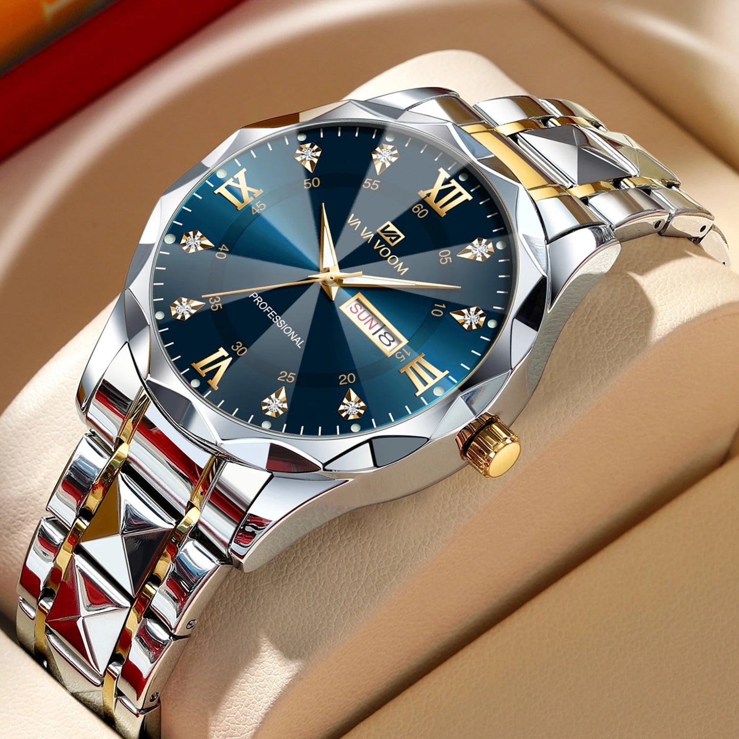 VA VA VOOM Hot Selling Original Blue Gold Creative Design Classic Hot selling Quartz Watch Men Fashion High Quality Rhombus Design Fashion Business Japanese Movement Gold Stainless Steel Fashion Clock Sports Watch for Men Gif