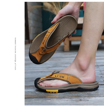 Genuine Cow Leather Shoes Men Sandals Flip Flops Men's Casual Shoes Classic Massage Men Beach Slippers Anti-slip Summer 2025 New