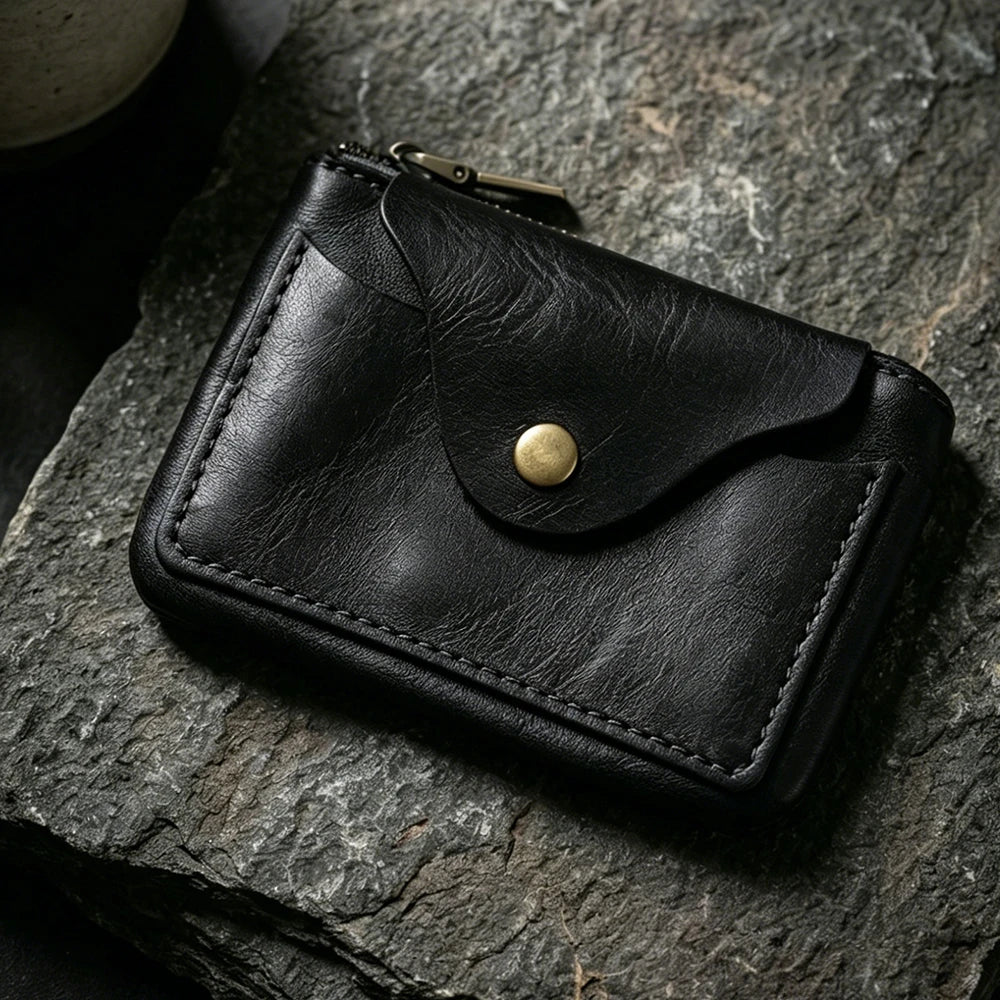 New Slim Short Men's Wallet Vintage Genuine Leather Card Holder Zipper Male Coin Purses High Quality Snap Men Money Clips