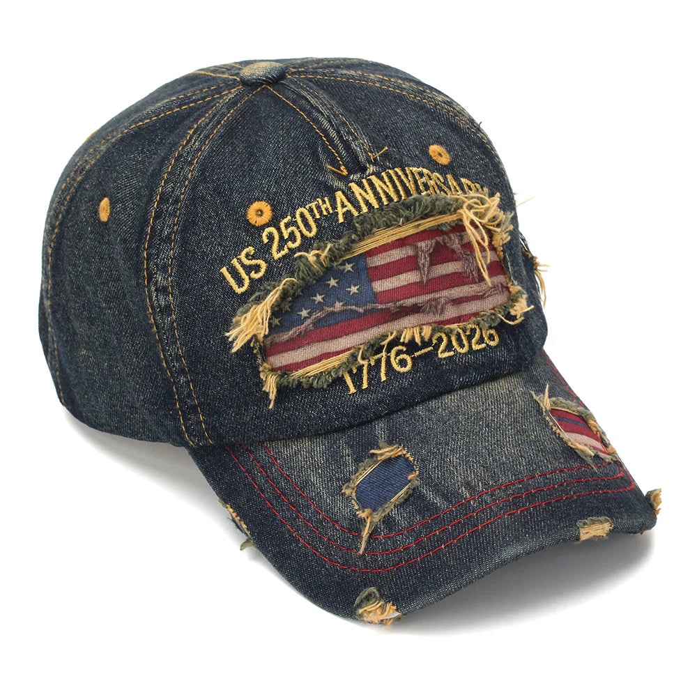 250th Anniversary of American Independence Commemorative Cowboy Ripped Baseball Cap, Patriotic Baseball Cap, Adjustable