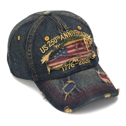 250th Anniversary of American Independence Commemorative Cowboy Ripped Baseball Cap, Patriotic Baseball Cap, Adjustable