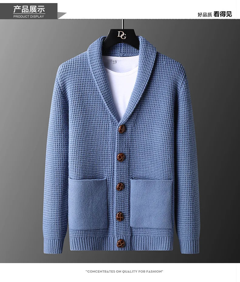 Men's Casual Knitted Open Cardigan Pockets Sweater Loose Korean Style V-Neck Autumn Fashion Light Maturity Spring Fall Outerwear