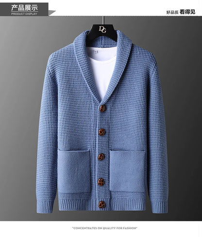 Men's Casual Knitted Open Cardigan Pockets Sweater Loose Korean Style V-Neck Autumn Fashion Light Maturity Spring Fall Outerwear