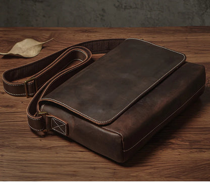 NUKA Men's Genuine Leather Shoulder Bag Retro Original Cowhide Horizontal Crossbody Deluxe Flap Messenger Bags For 11 Inch Ipad