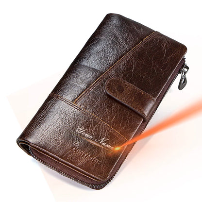 CONTACTS Genuine Leather Men Wallet Long Vintage Bifold Men's Wallet Zipper Coin Purses Large Capacity Money Clips Card Holder