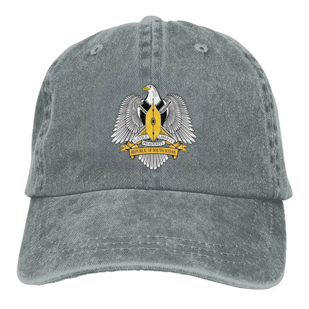 Men Baseball Cap South Sudan Emblem Charcoal Washed Denim Classic Vintage Cotton Dad Trucker Hat Unisex Adult