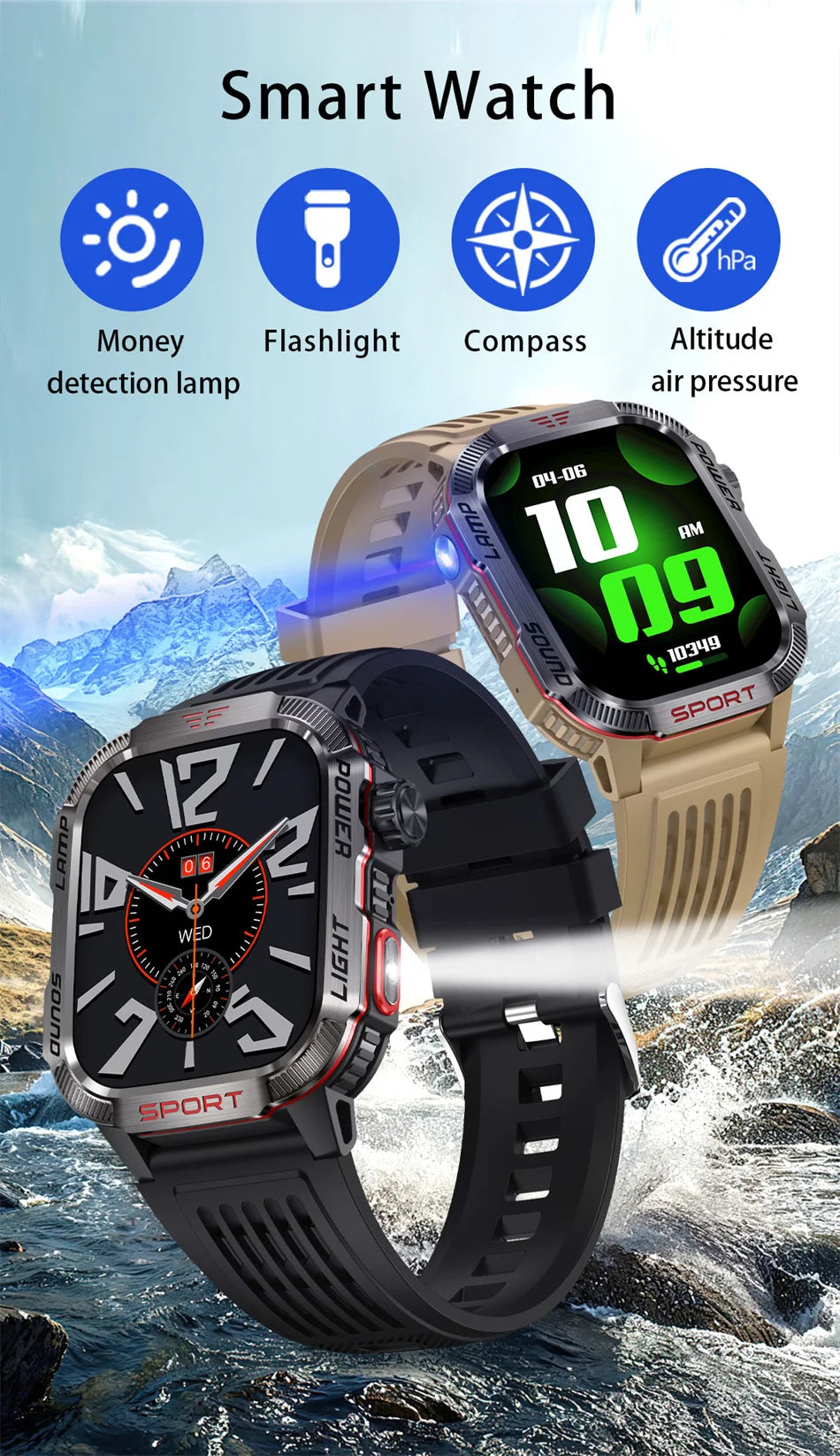 2026 Military GPS Smart Watch Money Detector Light Compass Waterproof Outdoor Sport Tracker Bluetooth Call Watch with Flashlight
