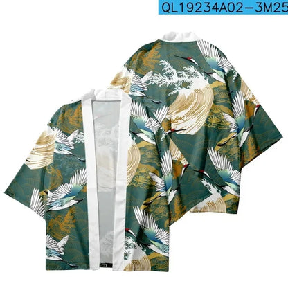 Japanese Style Cosplay Shirt 3D Crane Print For Men Women Traditional Samurai Kimono Haori Japanese Beach Yukata