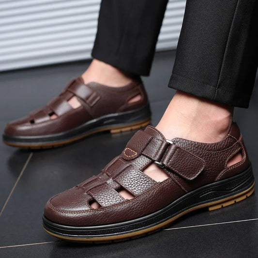 Luxury Brand Genuine Leather Sandals for Mens Outdoor Walking Beach Flats Breathable Casual Leather Soft Bottom Summer Sandals