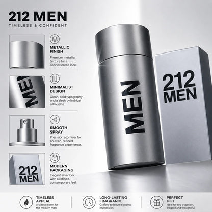 212 MEN Perfume for Men Eau De Toilette Long Lasting Fresh Citrus Woody Aromatic Fragrance Spray Bergamot Lavender Amber Daily Wear Gift 100ml