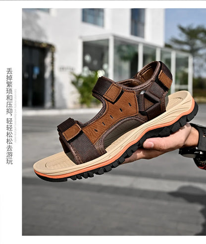 Summer Men's Genuine Leather Sandals Outdoor Roman Sandals Beach Anti slip Casual Lightweight Open Toe Boys' Sports Sandals