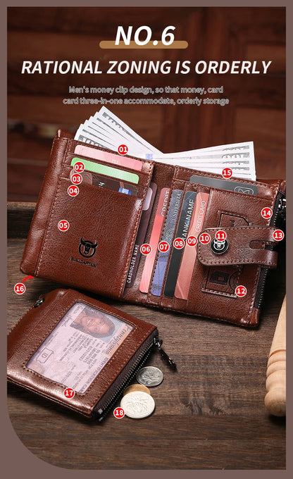 BULLCAPTAIN Men's Genuine Leather Wallet Business Retro Snap Wallet Multifunctional RFID Anti-Theft Zipper Multi-Card Coin Purse