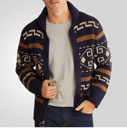 Men's Geometric Knit Cardigan Shawl Collar Full Zip-Up Tribal Print Sweater Chunky Ribbed Knit Vintage Navajo-Inspired Jacket