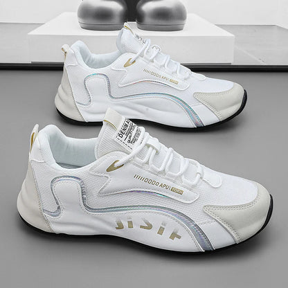 Trendy Black and Gold Color-Blocking Mesh Casual Shoes, Men's Breathable Shock-Absorbing Thick-Soled Sneakers, Versatile Soft-Soled Non-Slip Men's Shoes for Daily Commuting