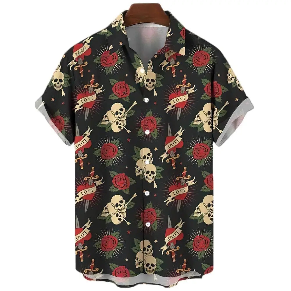 Men's Shirt Sailing Skull Print Shirts Hawaiian Fashion Casual Rock Print Plus Size Tops 2023 New Beach Men's Clothing Shirt