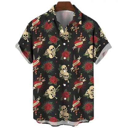 Men's Shirt Sailing Skull Print Shirts Hawaiian Fashion Casual Rock Print Plus Size Tops 2023 New Beach Men's Clothing Shirt