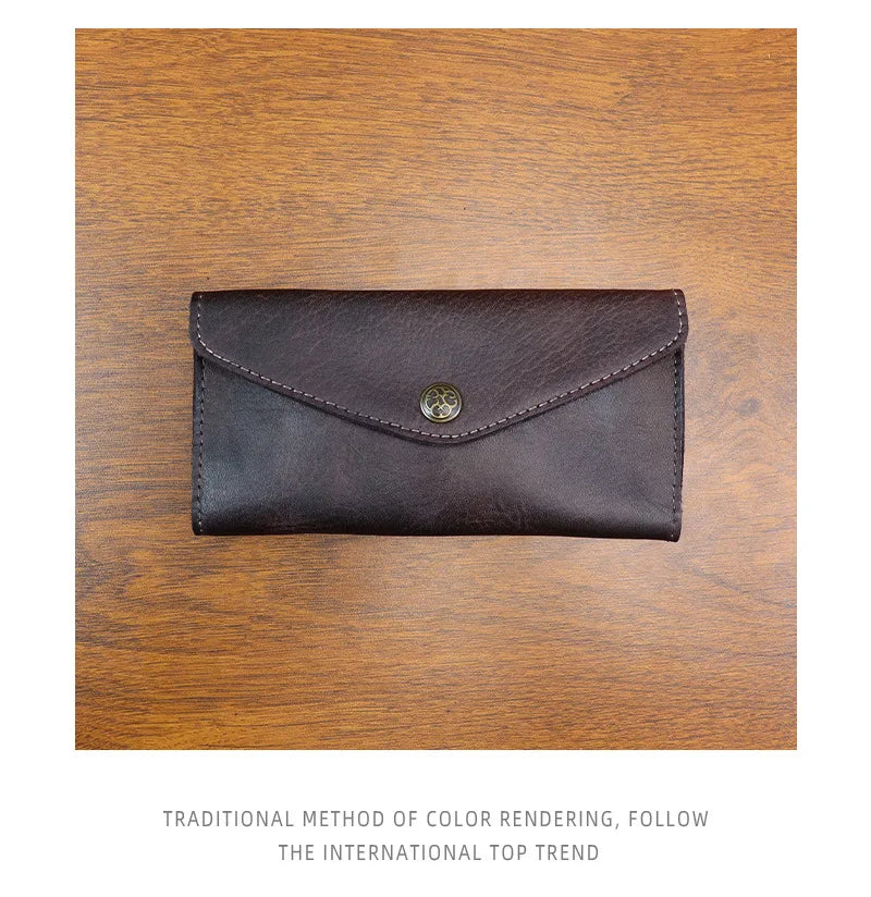 Genuine Leather Retro Men Handmade Wallet Handbag High Quality Phone Pocket Simple Card Bag Big Capacity Male Purses