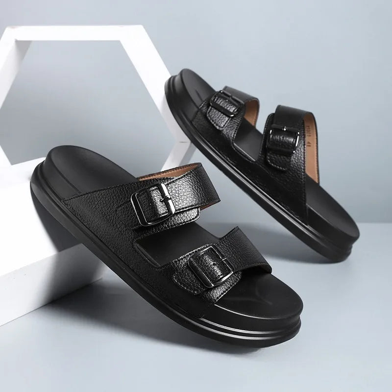 Summer Men's Slippers High Quality Cow Leather Sandals Outdoor Non Slip Platform Sandals Comfort Casual Slippers for Men Slides