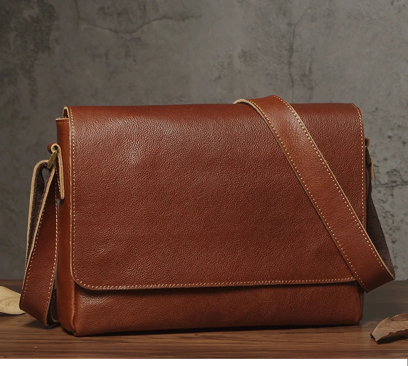 NUKA Men's Genuine Leather Shoulder Bag Retro Original Cowhide Horizontal Crossbody Deluxe Flap Messenger Bags For 11 Inch Ipad