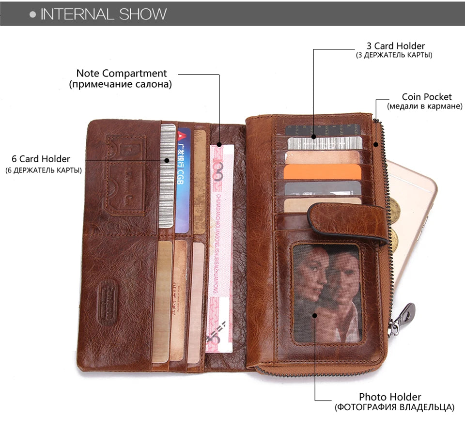 CONTACTS Genuine Leather Men Wallet Long Vintage Bifold Men's Wallet Zipper Coin Purses Large Capacity Money Clips Card Holder