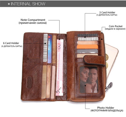 CONTACTS Genuine Leather Men Wallet Long Vintage Bifold Men's Wallet Zipper Coin Purses Large Capacity Money Clips Card Holder
