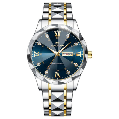 VA VA VOOM Hot Selling Original Blue Gold Creative Design Classic Hot selling Quartz Watch Men Fashion High Quality Rhombus Design Fashion Business Japanese Movement Gold Stainless Steel Fashion Clock Sports Watch for Men Gif