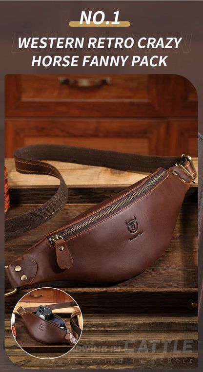 BULLCAPTAIN Men's Crazy Horse Leather Belt Bag Classic Retro Crossbody Bag Outdoor Storage Mountaineering Mobile Phone Bag