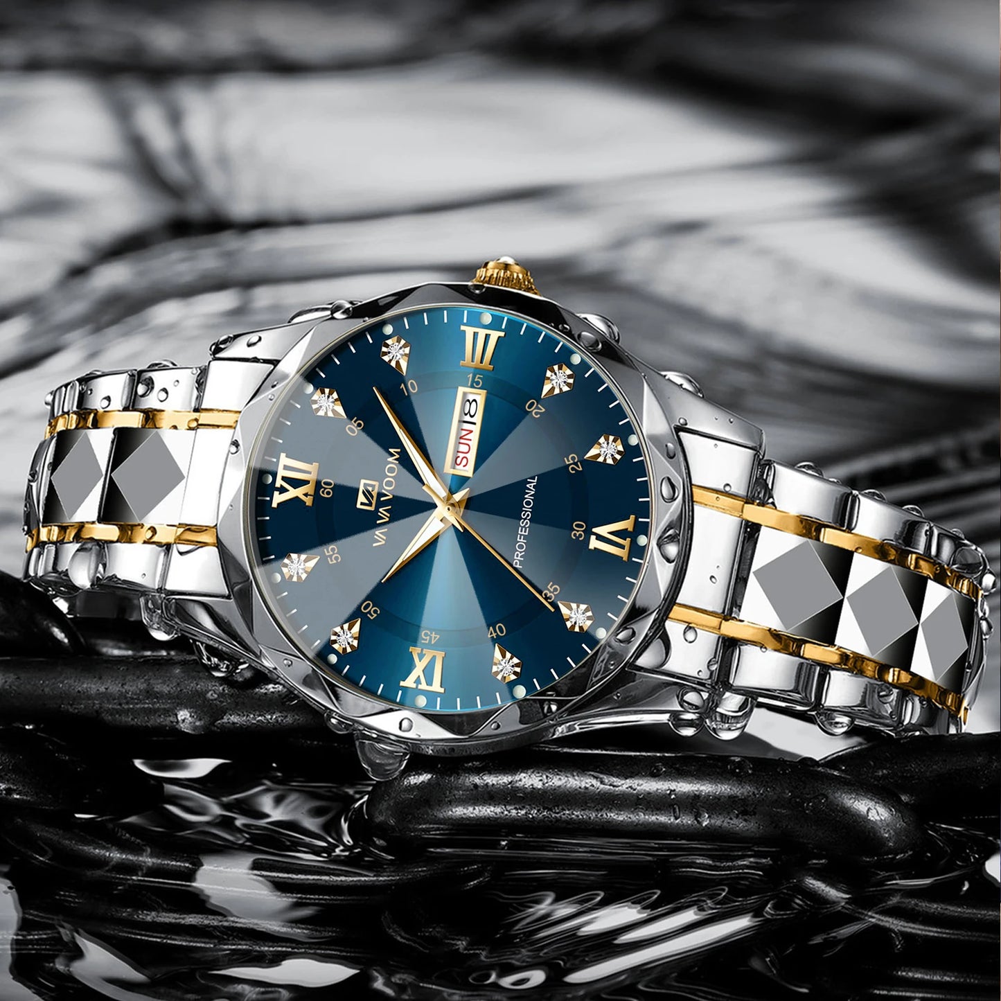 VA VA VOOM Hot Selling Original Blue Gold Creative Design Classic Hot selling Quartz Watch Men Fashion High Quality Rhombus Design Fashion Business Japanese Movement Gold Stainless Steel Fashion Clock Sports Watch for Men Gif